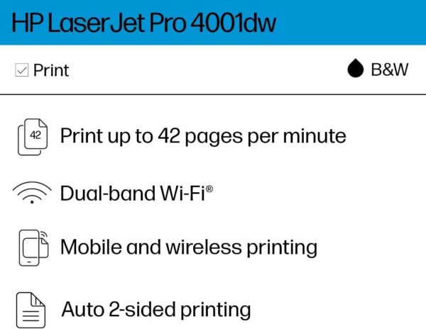 HP LaserJet Pro 4001dw Wireless Black & White Printer, Best-for-Office (2Z601F) - Image 2