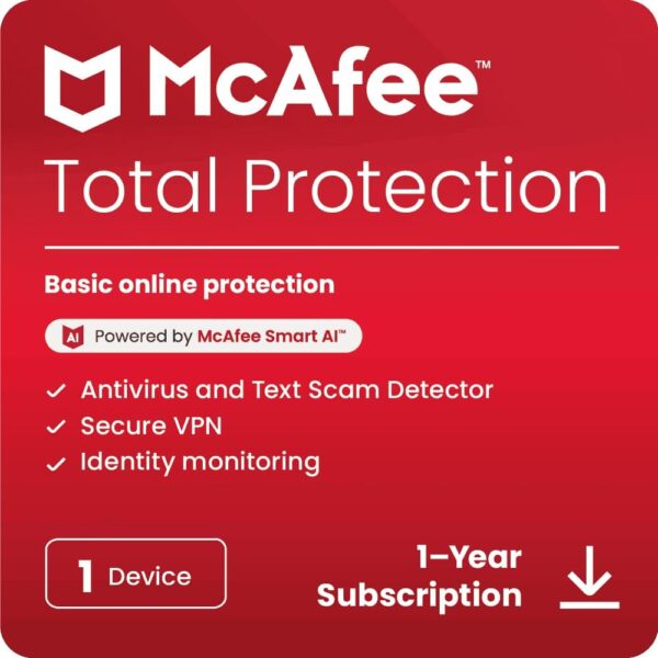 McAfee Total Protection 1-Device 2025 Ready | Security Software Includes Antivirus, Secure VPN, Password Manager, Identity Monitoring | Download