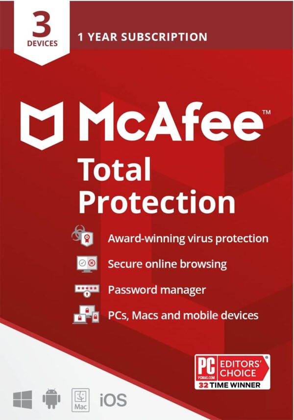 McAfee Total Protection | 3 Device | Antivirus Internet Security Software | VPN, Password Manager, Dark Web Monitoring | 1 Year Subscription | Key Card