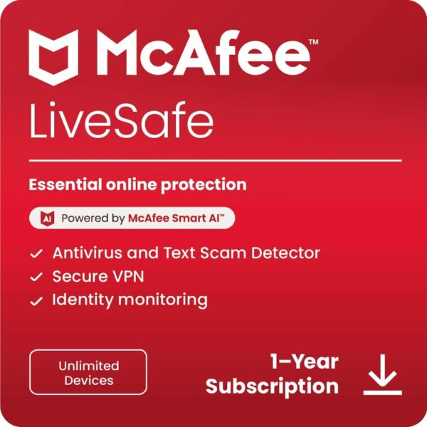 McAfee LiveSafe Unlimited Devices 2025 | Security Software Includes Antivirus, Secure VPN, Password Manager, Identity Monitoring | Download