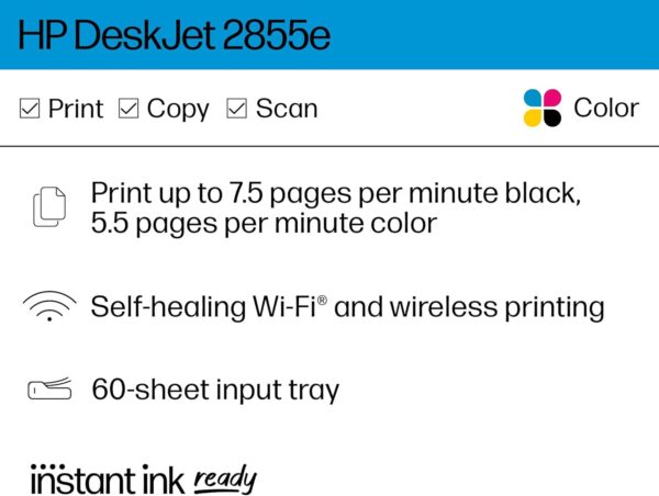 HP DeskJet 2855e Wireless All-in-One Color Inkjet Printer, Scanner, Copier, Best-for-home, 3 months of Instant Ink included (588S5A) - Image 2