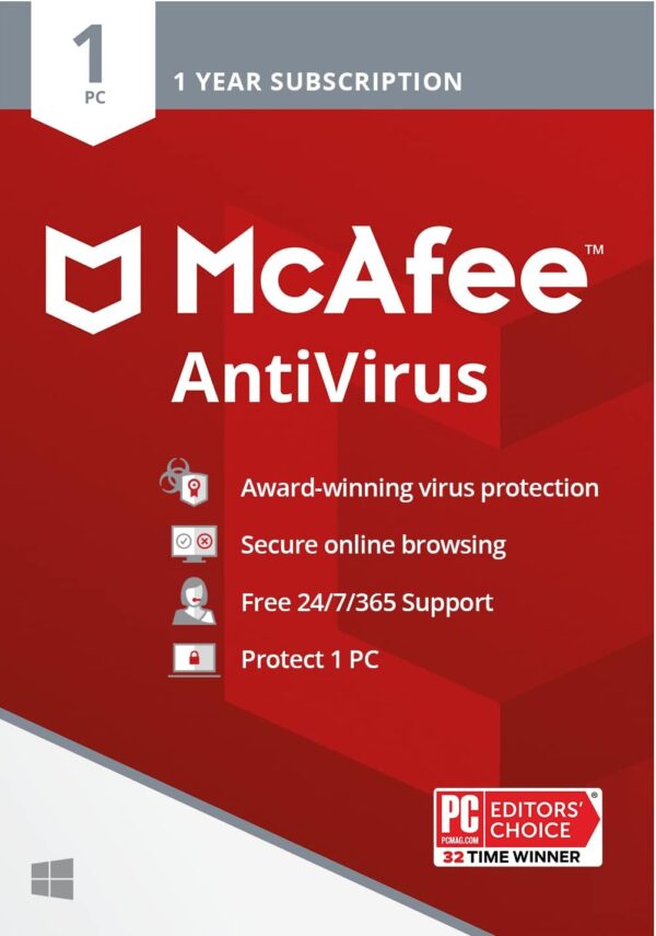 McAfee AntiVirus Protection | 1 PC (Windows)| Internet Security Software | 1 Year Subscription | Key Card