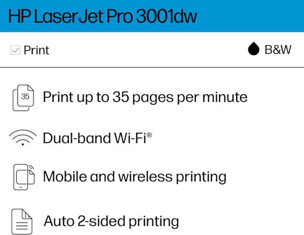 HP LaserJet Pro 3001dw Wireless Black & White Printer, Best-for-Office (3G65OF) - Image 2