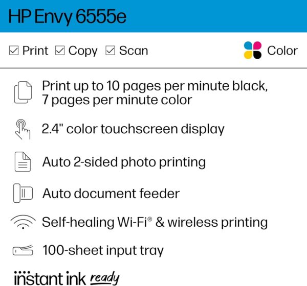 HP Envy 6555e Wireless All-in-One Color Inkjet Printer, Print, scan, Copy, Duplex Printing Best-for-Home, 3 Months of Instant Ink Included (714N5A) - Image 2