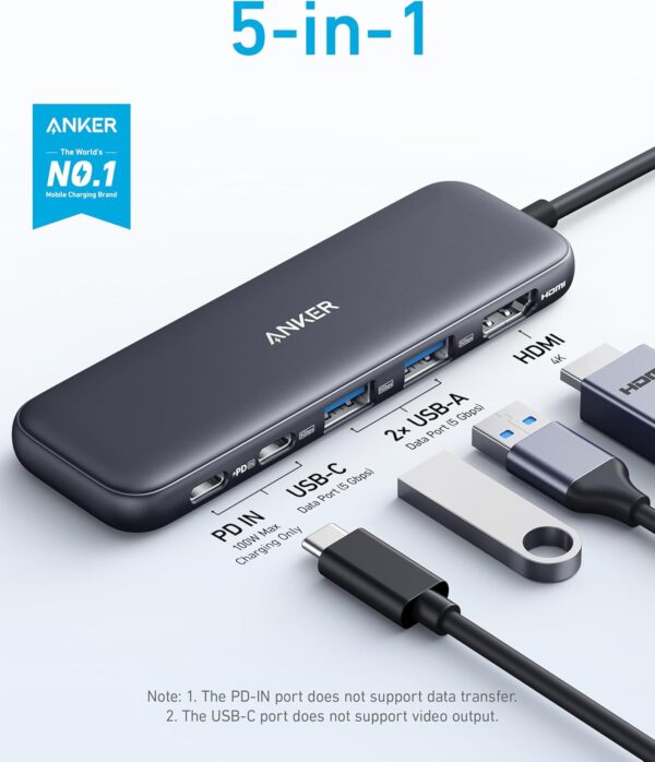 Anker 332 USB-C Hub (5-in-1) with 4K HDMI Display, 5Gbps - and 2 5Gbps USB-A Data Ports and for MacBook Pro, MacBook Air, Dell XPS, Lenovo Thinkpad, HP Laptops and More - Image 2