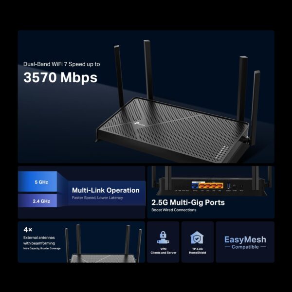 TP-Link Dual-Band BE3600 Wi-Fi 7 Router Archer BE230 | 4-Stream 3.6 Gbps | 2×2.5G + 3×1G Ports, USB 3.0, 2.0 GHz Quad Core, 4 Antennas | VPN Clients & Server | EasyMesh, HomeShield, MLO, Private IOT - Image 3