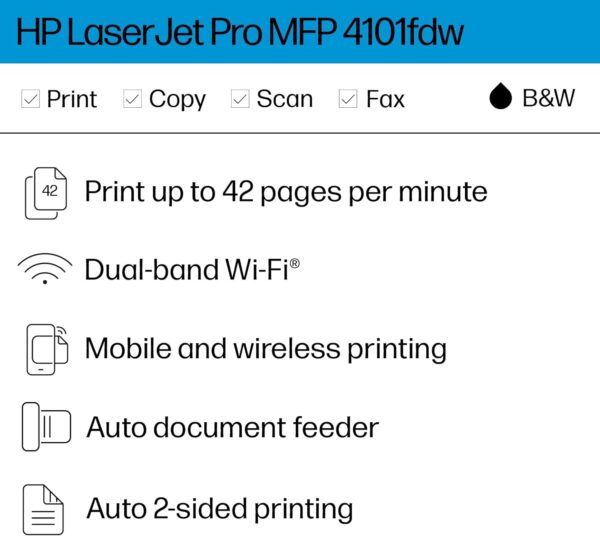 HP LaserJet Pro MFP 4101fdw Wireless Black & White All-in-One Laser Printer, Scanner, Copier, Fax, Best-for-Office (2Z619F) - Image 2