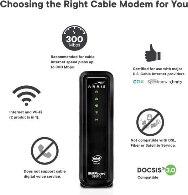 ARRIS (SBG10-RB) - Cable Modem Router Combo - Fast DOCSIS 3.0 16 x 4 Gigabit & AC1600 WiFi, For Comcast Xfinity, Cox, Spectrum, 400 Mbps Max Internet Speeds - Renewed - Image 2