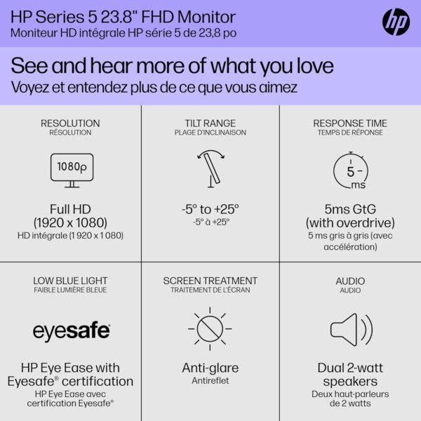 HP Series 5 24 inch FHD Monitor, Full HD Display (1920 x 1080), IPS Panel, 99% sRGB, 15001 Contrast Ratio, 300 nits, Eye Ease with Eyesafe Certification, 524sa (2024) - Image 5