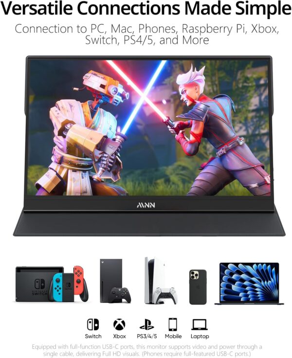 MNN Portable Monitor 15.6inch FHD 1080P USB C HDMI Gaming Ultra-Slim IPS Display w/Smart Cover & Speakers,HDR Plug&Play, External Monitor for Laptop PC Phone Mac (15.6'' 1080P) - Image 3