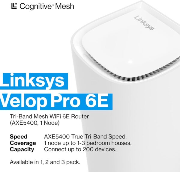 Linksys Velop Pro 6E WiFi Mesh System | One Cognitive Mesh Tri-Band router with 5.4 Gbps (AXE5400) Speed | Coverage up to 3,000 sq ft | Connect 200+ Devices | 1Pk MXEC621 | 2023 Release - Image 2