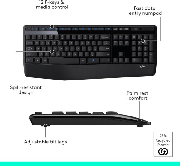 Logitech MK345 Wireless Combo Full-Sized Keyboard with Palm Rest and Comfortable Right-Handed Mouse, 2.4 GHz Wireless USB Receiver, Compatible with PC, Laptop,Black - Image 7