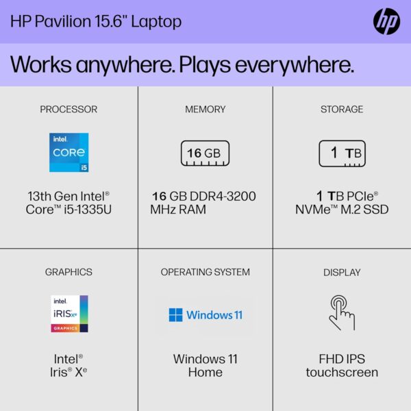 HP Pavilion 15.6" Touchscreen Laptop - 10-core 13th Gen Intel Core i5-1335U - 1080p - Windows 11 - Intel Iris Xe Graphics - w/HDMI Cable (16GB RAM, 1TB PCIe SSD) - Image 2