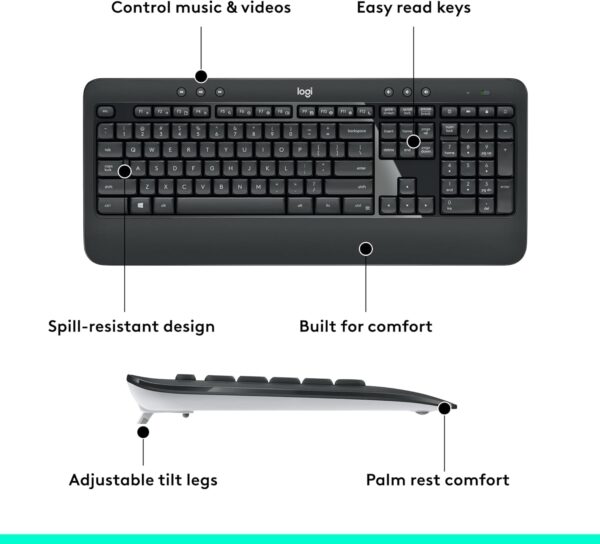 Logitech MK540 Advanced Wireless Keyboard and Mouse Combo for Windows, 2.4 GHz Unifying USB-Receiver, Multimedia Hotkeys, 3-Year Battery Life, for PC, Laptop - Image 6