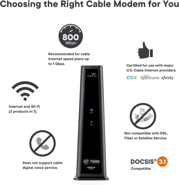 ARRIS (SBG8300) - Cable Modem Router Combo - Fast DOCSIS 3.1 Gigabit & AC2350 WiFi ,Comcast Xfinity, Cox, Spectrum & more, 1 Gbps Max Internet Speeds , 4 OFDM Channels - Image 2