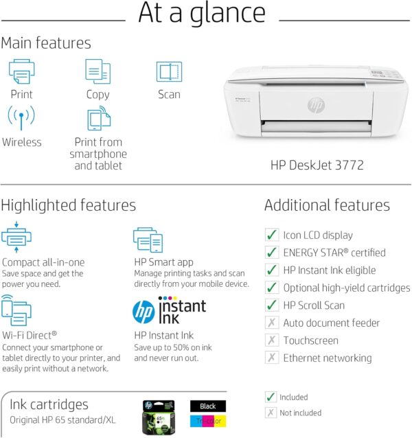 HP DeskJet 3772 All-in-One Color Inkjet Printer Scanner and Copy, Instant Ink Ready, Wireless Printers for Home and Office, Photo Print, Built-in WiFi, T8W88A (Renewed) - Image 3