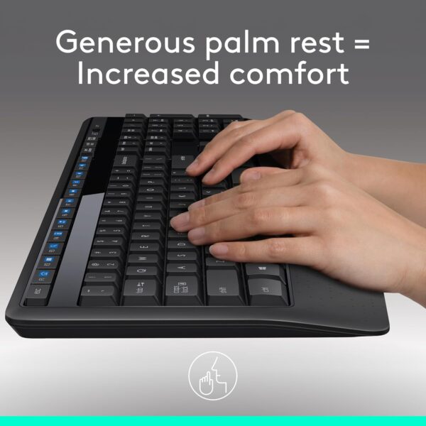 Logitech MK345 Wireless Combo Full-Sized Keyboard with Palm Rest and Comfortable Right-Handed Mouse, 2.4 GHz Wireless USB Receiver, Compatible with PC, Laptop,Black - Image 2