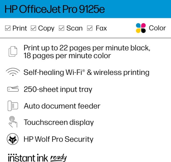 HP OfficeJet Pro 9125e All-in-One Printer, Color, Printer-for-Small Medium Business, Print, Copy, scan, fax,Touchscreen; Smart Advance Scan, 3 months of Instant Ink included - Image 2