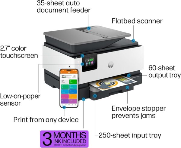 HP OfficeJet Pro 9125e All-in-One Printer, Color, Printer-for-Small Medium Business, Print, Copy, scan, fax,Touchscreen; Smart Advance Scan, 3 months of Instant Ink included - Image 4