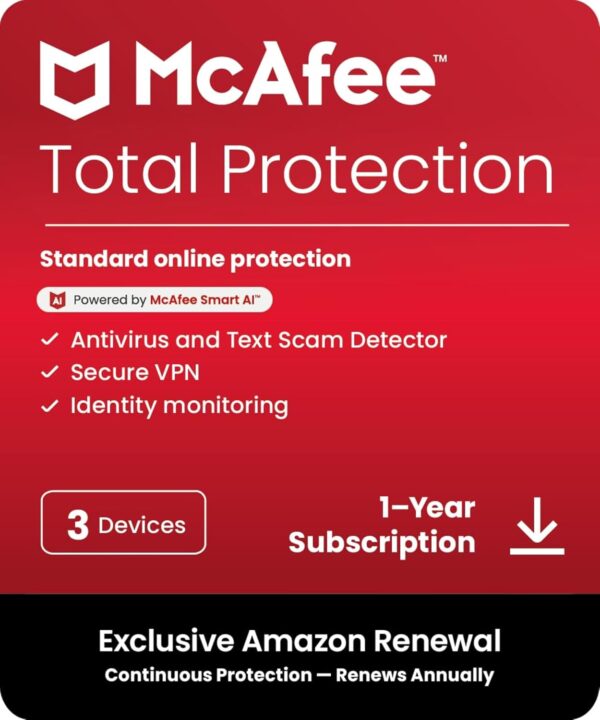 McAfee Total Protection 3-Device 2025 Ready |Security Software Includes Antivirus, Secure VPN, Password Manager, Identity Monitoring | 1 Year Subscription with Auto Renewal