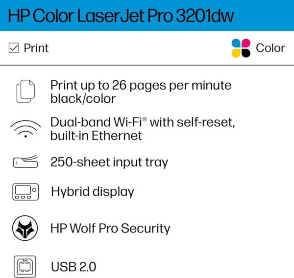 HP Color Laserjet Pro 3201dw Wireless Color Laser Printer, Office Printer, Duplex, Best-for-Office (499Q9F) - Image 2