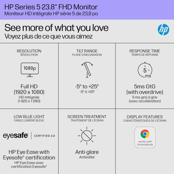 HP Series 5 24 inch FHD Monitor, Full HD Display (1920 x 1080), IPS Panel, 99% sRGB, 15001 Contrast Ratio, 300 nits, Eye Ease with Eyesafe Certification, 524sw (2024) - Image 4