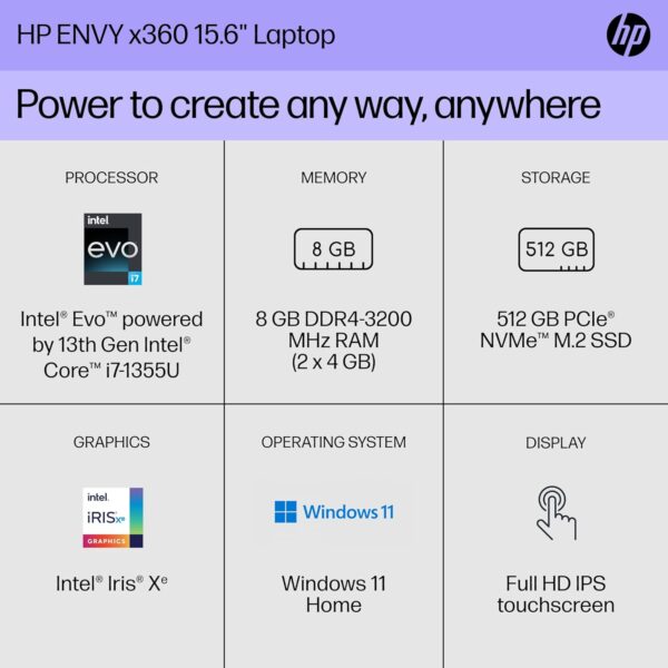 HP ENVY x360 15 inch Laptop, FHD Touch Display, Intel Evo powered by 13th Gen Intel Core i7-1355U, 8 GB RAM, 512 GB SSD, Intel Iris Xe Graphics, Windows 11 Home, 15-ew1010nr (2023), silver - Image 2