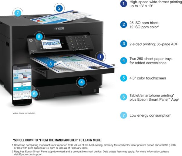 Epson Workforce Pro WF-7840 Wireless All-in-One Wide-Format Printer with Auto 2-Sided Print up to 13" x 19", Copy, Scan and Fax, 50-Page ADF, 500-sheet Paper Capacity, 4.3" Screen,Black - Image 4