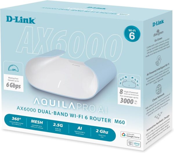 D-Link AX6000 WiFi 6 Mesh Router | Contemporary Design | High-Performance | Feature Rich | AI Enabled | Parental Controls | Covers up to 3000+ sq. ft | Expandable Mesh (M60)