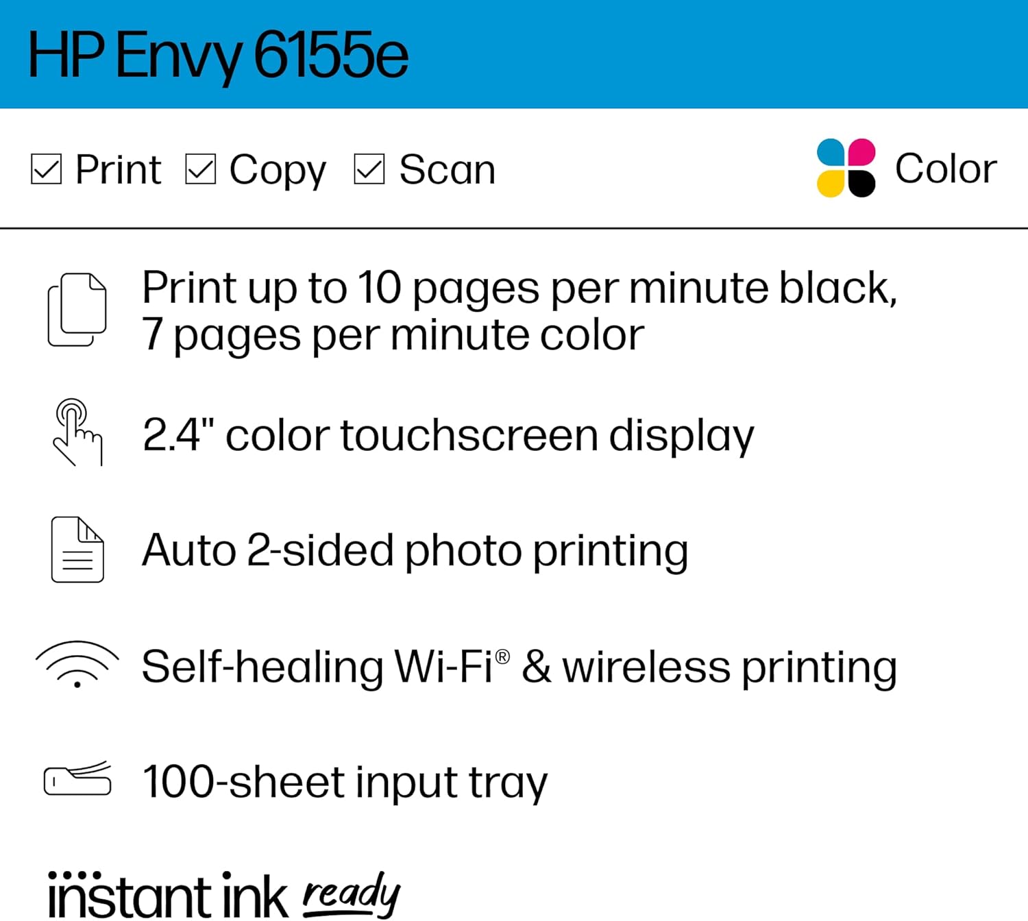 HP Envy 6155e Wireless All-in-One Color Inkjet Printer, Print, scan, Copy, Duplex Printing Best-for-Home, 3 Months of Instant Ink Included (714L5A) - Image 2