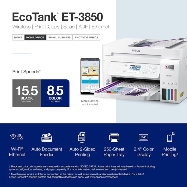 Epson EcoTank ET-3850 Wireless Color All-in-One Cartridge-Free Supertank Printer with Scanner, Copier, ADF and Ethernet – The Perfect Printer Home Office,White - Image 4