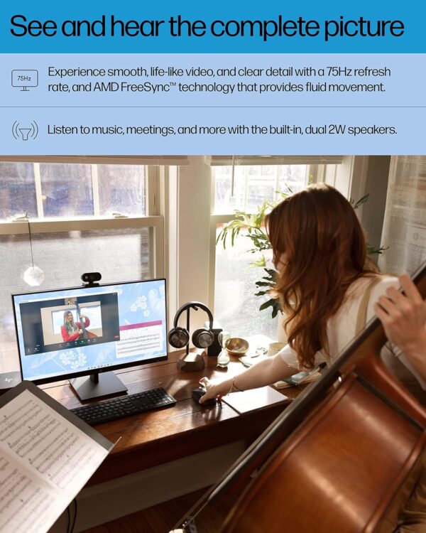 HP 27h Full HD Monitor - Diagonal - IPS Panel & 75Hz Refresh Rate - Smooth Screen - 3-Sided Micro-Edge Bezel - 100mm Height/Tilt Adjust - Built-in Dual Speakers - for Hybrid Workers,Black - Image 3
