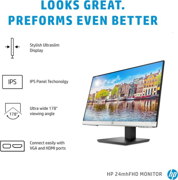 HP 24mh FHD Computer Monitor with 23.8-Inch IPS Display (1080p) - Built-In Speakers and VESA Mounting - Height/Tilt Adjustment for Ergonomic Viewing - HDMI and DisplayPort - (1D0J9AA#ABA) - Image 2