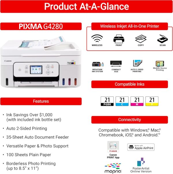 Canon Megatank G4280 All-in-One Wireless Supertank [Megatank] Printer | Print, Copy, Scan | Mobile Printing |2.7" LCD Color Touchscreen | Auto Document Feeder and Auto Duplex - Image 3