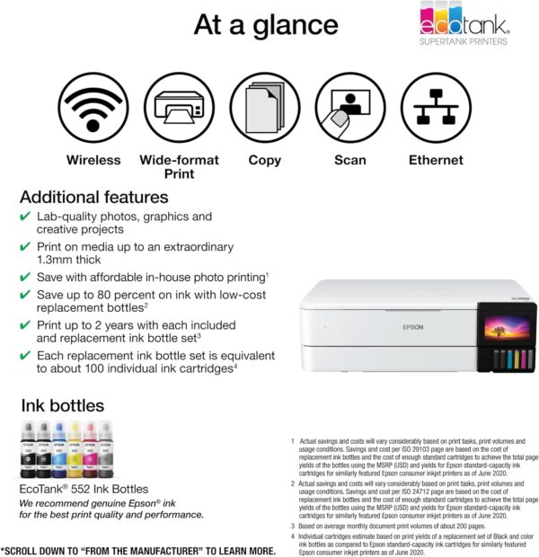 Epson EcoTank Photo ET-8550 Wireless Wide-Format All-in-One Supertank Printer with Scanner, Copier, Ethernet and 4.3-inch Color Touchscreen, Large, White - Image 2