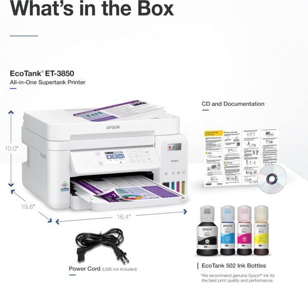 Epson EcoTank ET-3850 Wireless Color All-in-One Cartridge-Free Supertank Printer with Scanner, Copier, ADF and Ethernet – The Perfect Printer Home Office,White - Image 6