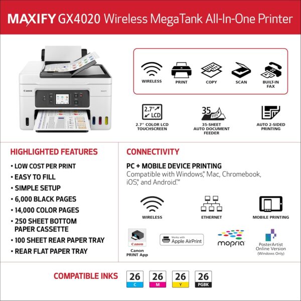Canon Megatank GX4020 All-in-One Wireless Supertank Printer with Print, Copy, Scan and Fax | Auto Document Feeder | Mobile Printing | 2.7" LCD Touch Screen - Image 6
